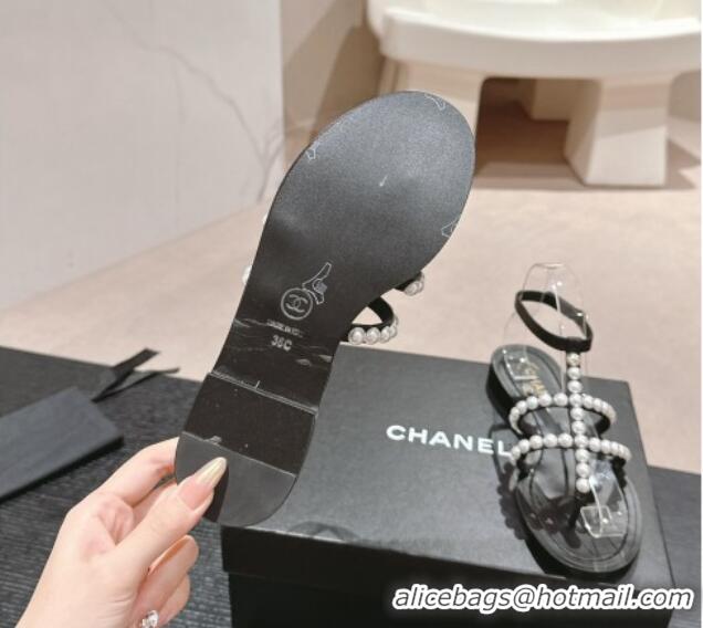 Classic Hot Chanel Calfskin Flat Sandals with Pearls Black 722103