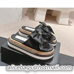 Top Grade Chanel Satin Platform Slides Sandal with Maxi Bow Black 722104