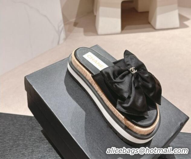 Top Grade Chanel Satin Platform Slides Sandal with Maxi Bow Black 722104