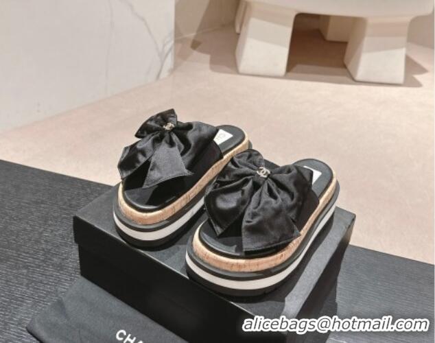 Top Grade Chanel Satin Platform Slides Sandal with Maxi Bow Black 722104