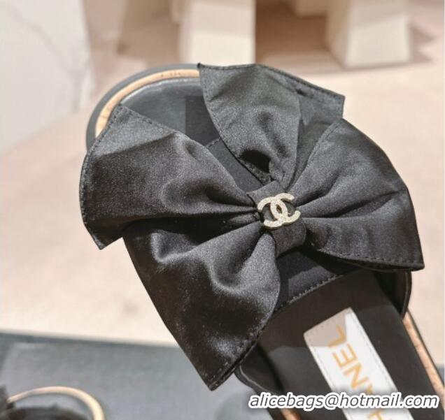 Top Grade Chanel Satin Platform Slides Sandal with Maxi Bow Black 722104