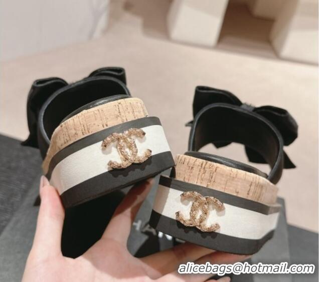 Top Grade Chanel Satin Platform Slides Sandal with Maxi Bow Black 722104