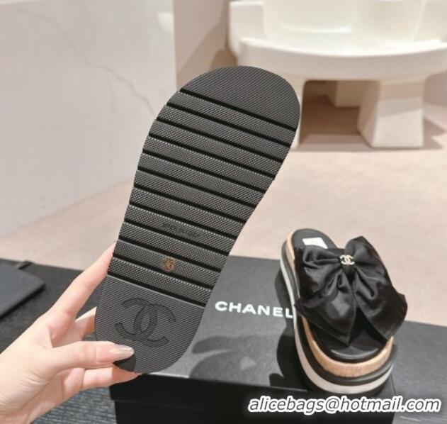 Top Grade Chanel Satin Platform Slides Sandal with Maxi Bow Black 722104