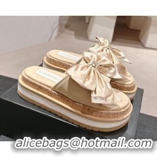 Best Product Chanel Satin Platform Slides Sandal with Maxi Bow Beige 722105