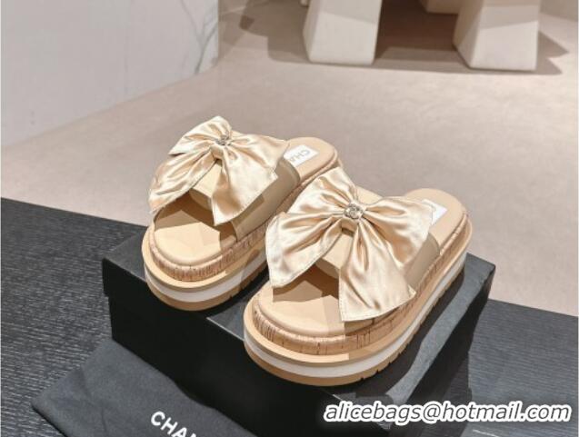 Best Product Chanel Satin Platform Slides Sandal with Maxi Bow Beige 722105