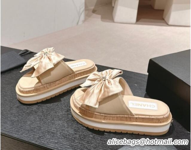 Best Product Chanel Satin Platform Slides Sandal with Maxi Bow Beige 722105