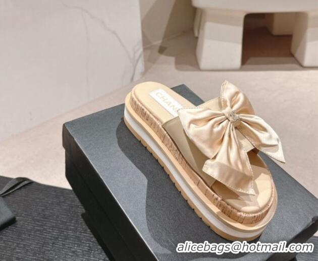 Best Product Chanel Satin Platform Slides Sandal with Maxi Bow Beige 722105