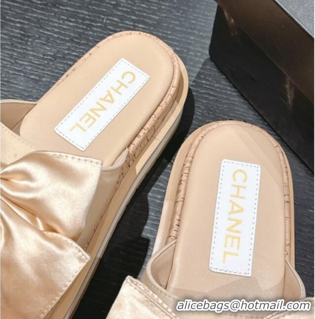 Best Product Chanel Satin Platform Slides Sandal with Maxi Bow Beige 722105