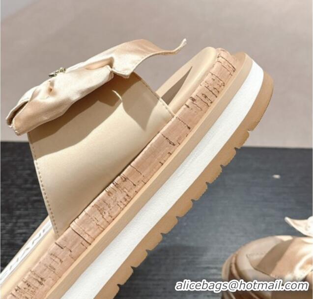 Best Product Chanel Satin Platform Slides Sandal with Maxi Bow Beige 722105