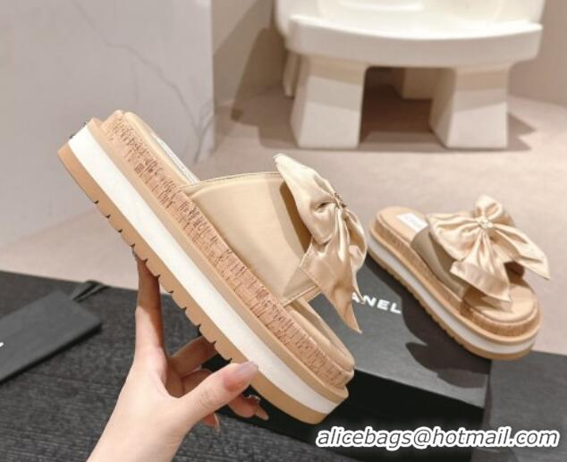 Best Product Chanel Satin Platform Slides Sandal with Maxi Bow Beige 722105