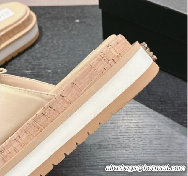 Best Product Chanel Satin Platform Slides Sandal with Maxi Bow Beige 722105