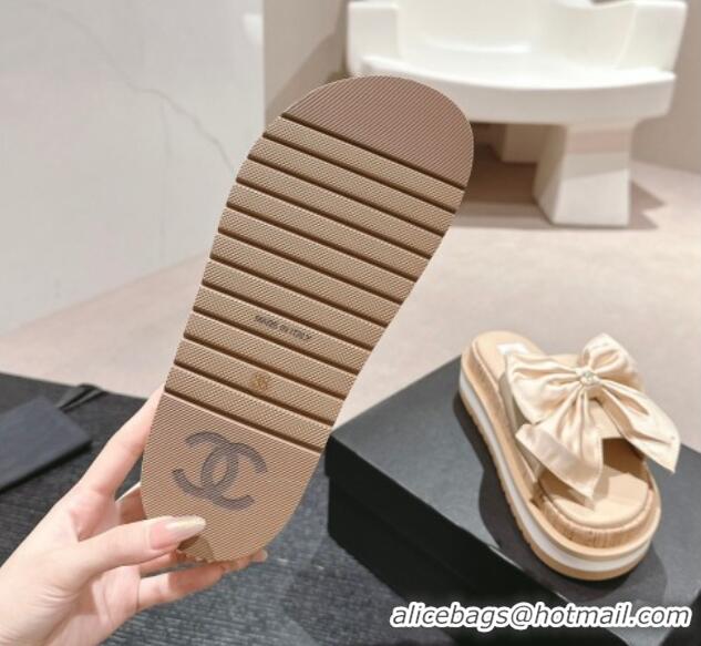 Best Product Chanel Satin Platform Slides Sandal with Maxi Bow Beige 722105