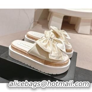 Durable Chanel Satin Platform Slides Sandal with Maxi Bow White 722106