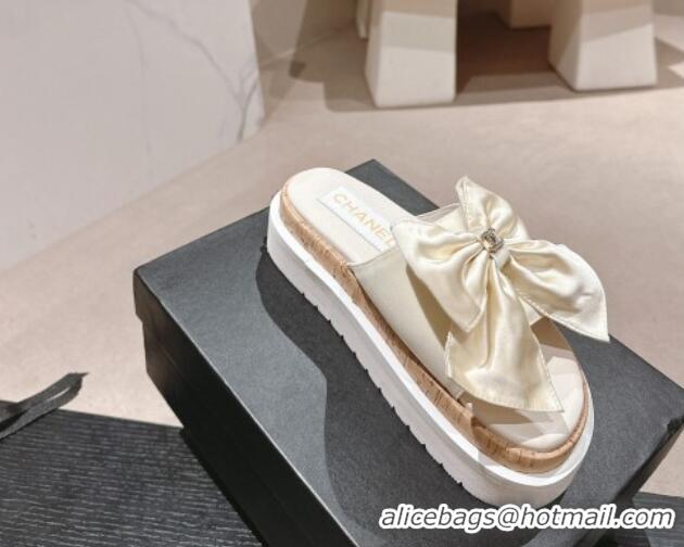 Durable Chanel Satin Platform Slides Sandal with Maxi Bow White 722106