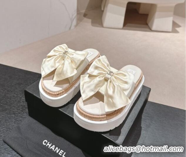 Durable Chanel Satin Platform Slides Sandal with Maxi Bow White 722106