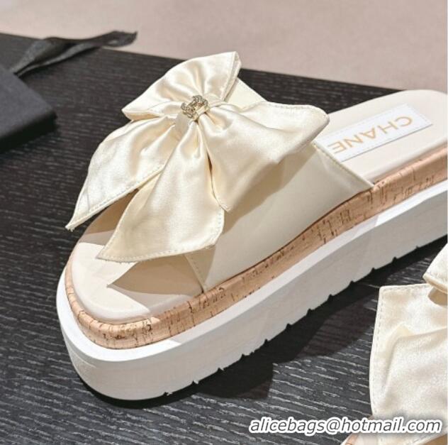 Durable Chanel Satin Platform Slides Sandal with Maxi Bow White 722106