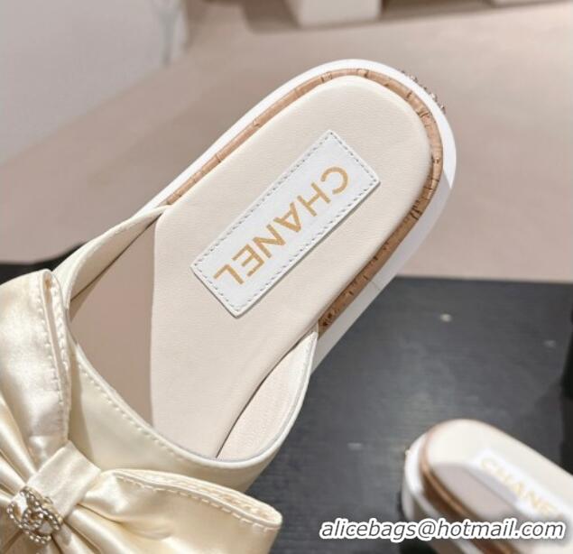 Durable Chanel Satin Platform Slides Sandal with Maxi Bow White 722106