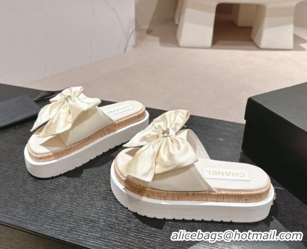 Durable Chanel Satin Platform Slides Sandal with Maxi Bow White 722106