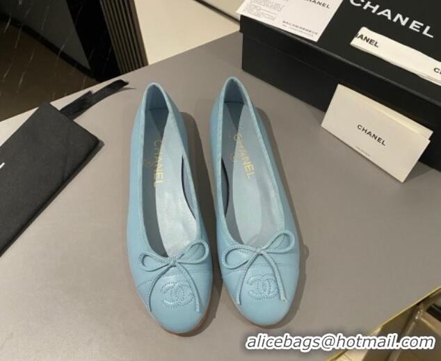 Top Design Chanel Lambskin Classic Ballet Flat Light Blue 722110