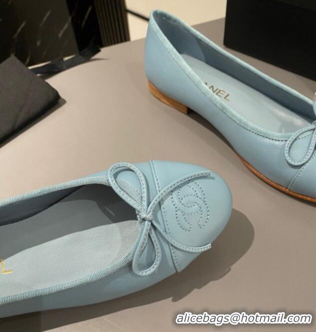 Top Design Chanel Lambskin Classic Ballet Flat Light Blue 722110