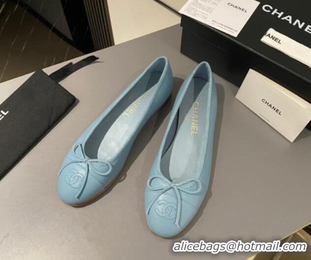 Top Design Chanel Lambskin Classic Ballet Flat Light Blue 722110