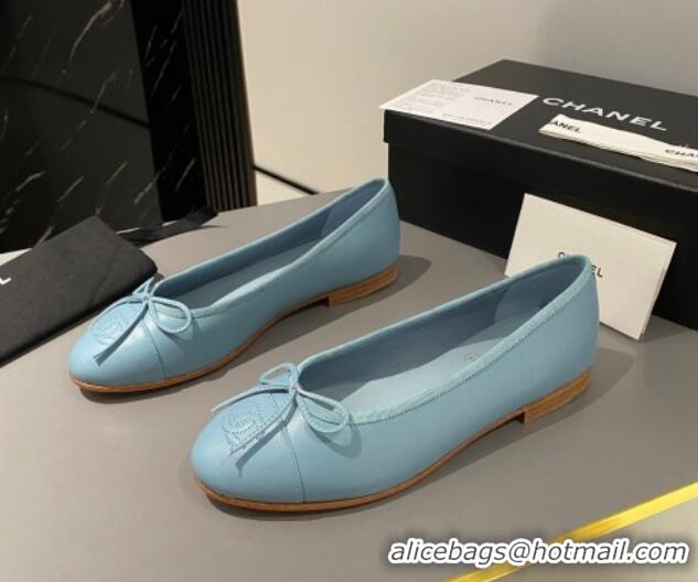 Top Design Chanel Lambskin Classic Ballet Flat Light Blue 722110