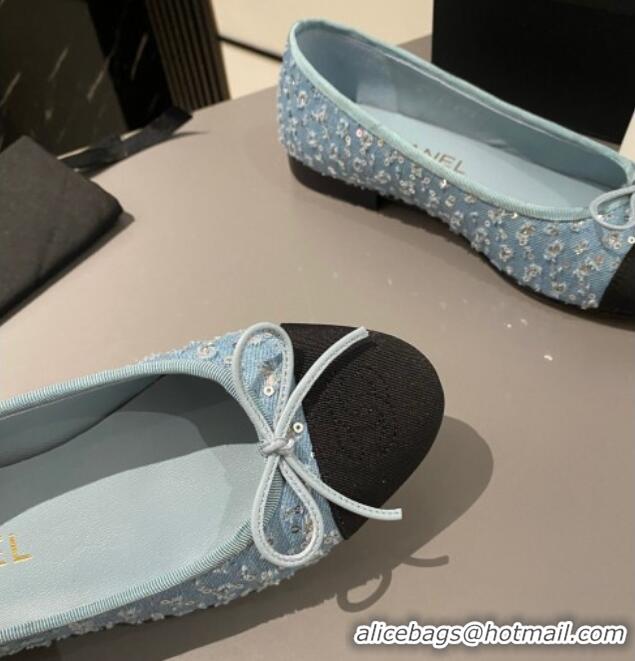 Sophisticated Chanel Denim & Sequins Classic Ballet Flat Blue 722109