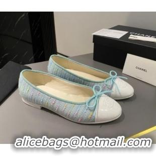 Shop Duplicate Chanel Tweed Classic Ballet Flat Light Blue 722111