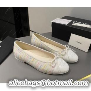 Top Design Chanel Tweed Classic Ballet Flat White/Multi 722112