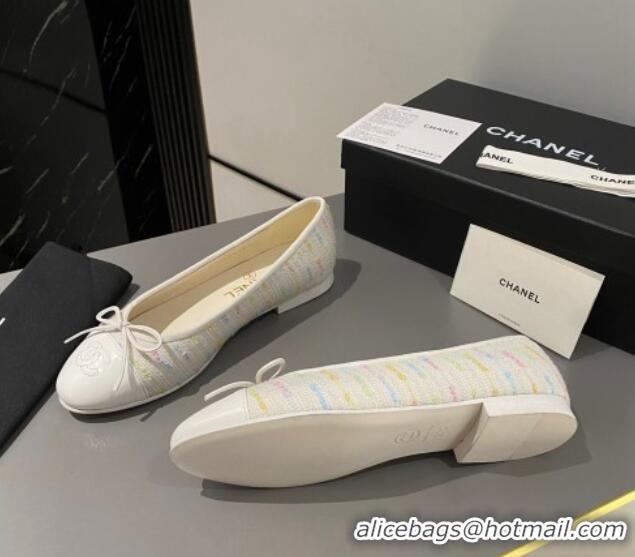 Top Design Chanel Tweed Classic Ballet Flat White/Multi 722112