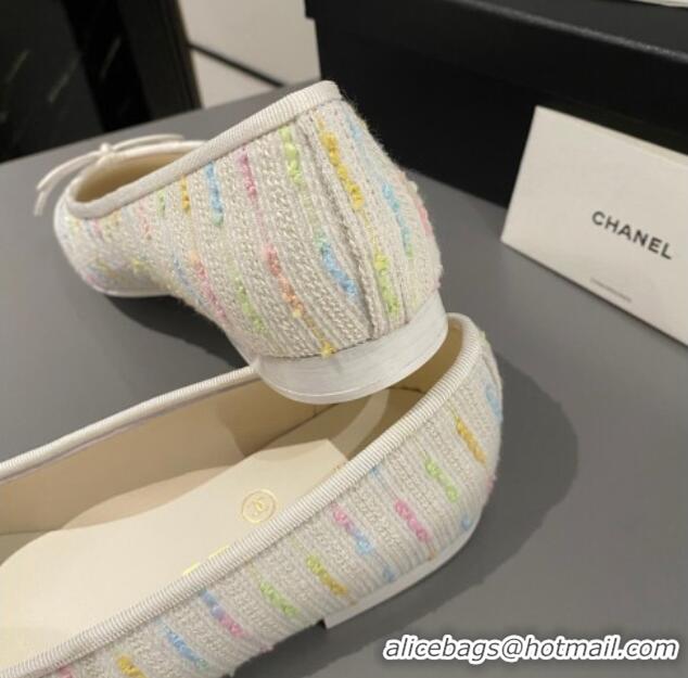 Top Design Chanel Tweed Classic Ballet Flat White/Multi 722112