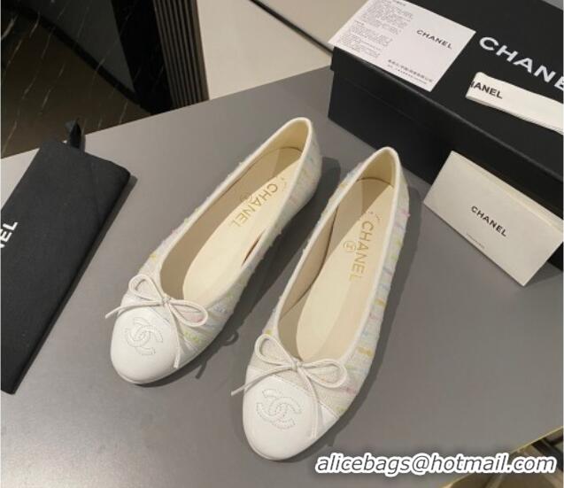 Top Design Chanel Tweed Classic Ballet Flat White/Multi 722112