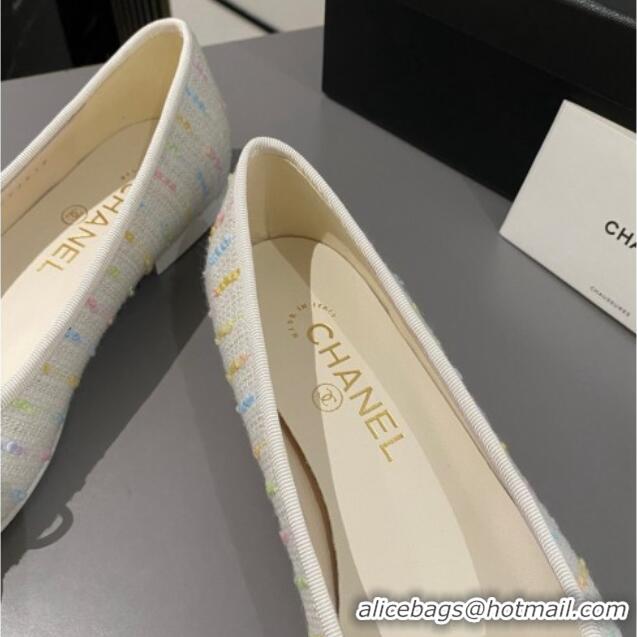 Top Design Chanel Tweed Classic Ballet Flat White/Multi 722112