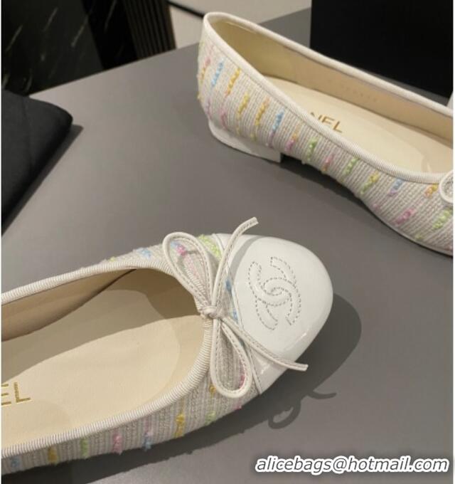 Top Design Chanel Tweed Classic Ballet Flat White/Multi 722112