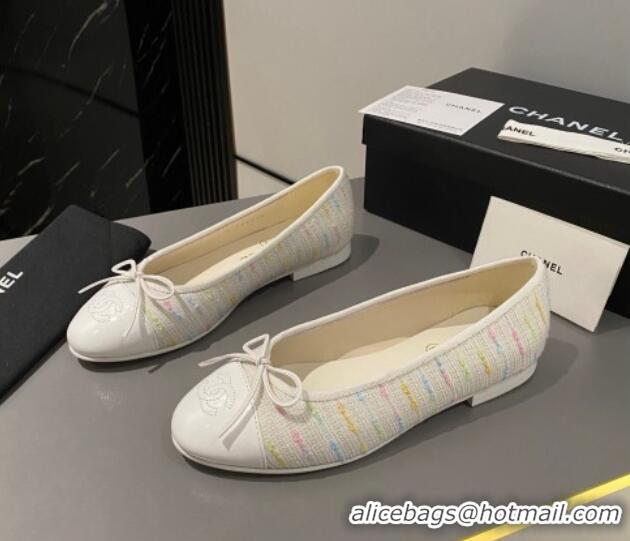 Top Design Chanel Tweed Classic Ballet Flat White/Multi 722112