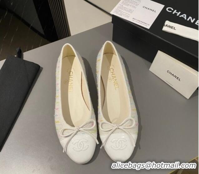 Top Design Chanel Tweed Classic Ballet Flat White/Multi 722112