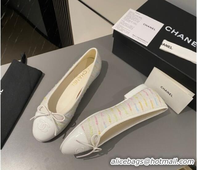 Top Design Chanel Tweed Classic Ballet Flat White/Multi 722112