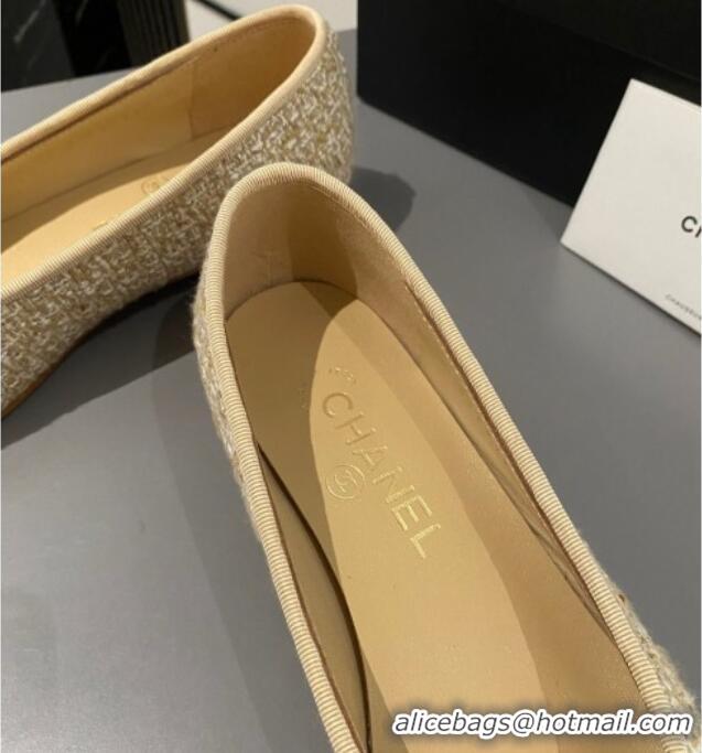 Luxury Chanel Tweed Classic Ballet Flat Beige/Gold 722114