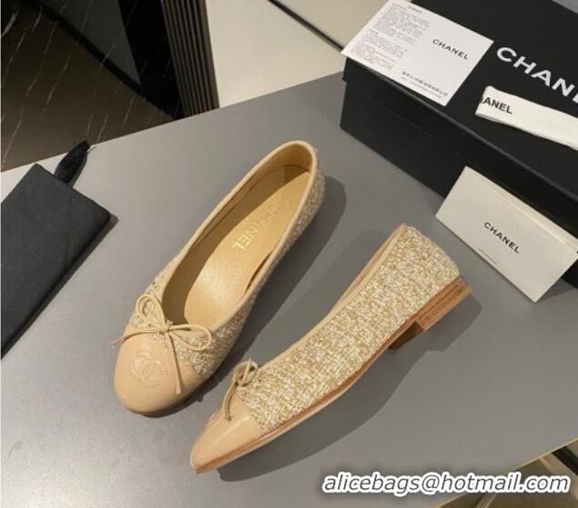 Luxury Chanel Tweed Classic Ballet Flat Beige/Gold 722114