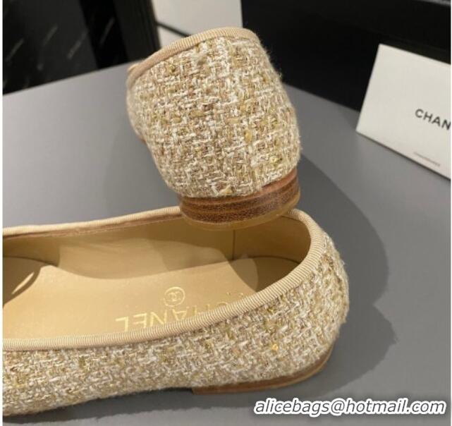 Luxury Chanel Tweed Classic Ballet Flat Beige/Gold 722114