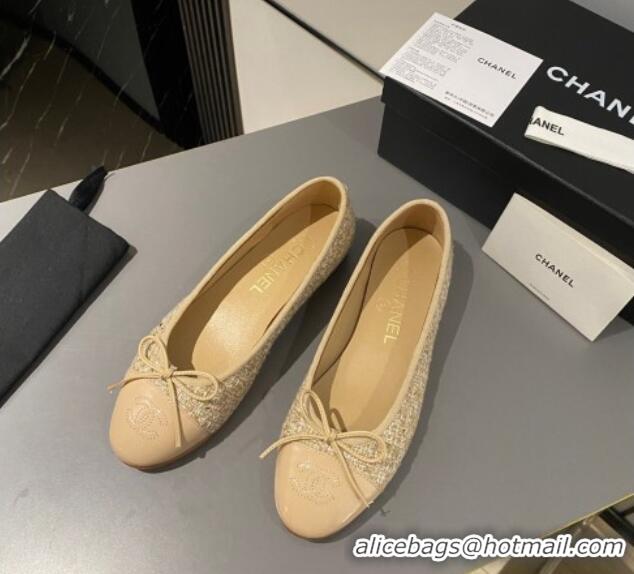 Luxury Chanel Tweed Classic Ballet Flat Beige/Gold 722114