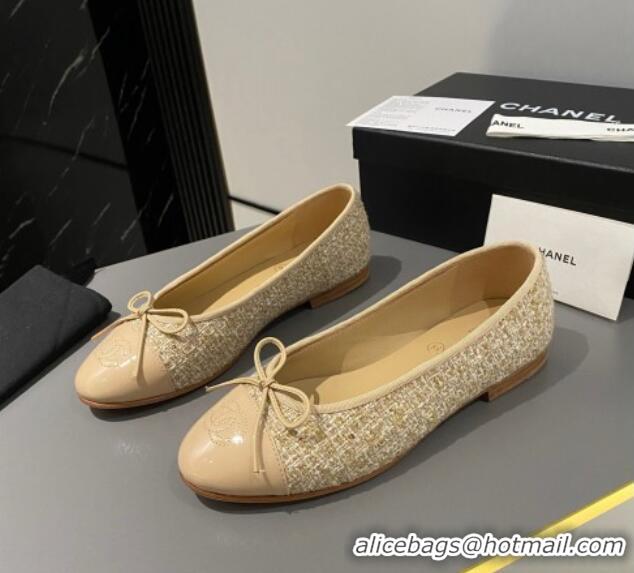 Luxury Chanel Tweed Classic Ballet Flat Beige/Gold 722114