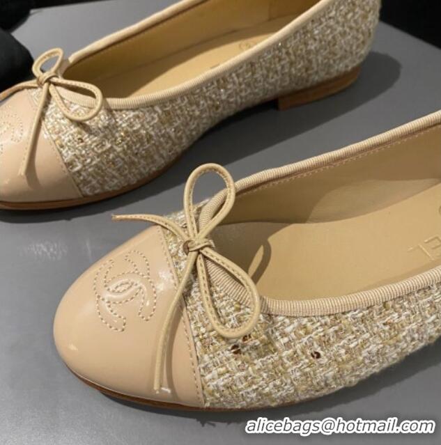 Luxury Chanel Tweed Classic Ballet Flat Beige/Gold 722114