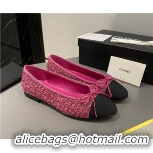 Popular Style Chanel Tweed Classic Ballet Flat Fuchsia Pink  722115