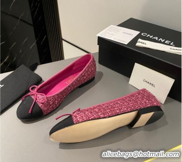 Popular Style Chanel Tweed Classic Ballet Flat Fuchsia Pink  722115