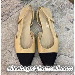 Buy Inexpensive Chanel Calfskin Leather Slingbacks Flat CH8403 Beige/Black