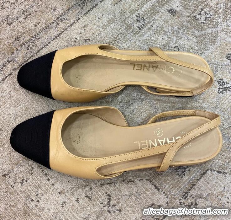 Buy Inexpensive Chanel Calfskin Leather Slingbacks Flat CH8403 Beige/Black