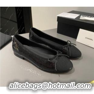 Luxury Chanel Sequins Classic Ballet Flat Balck 722117