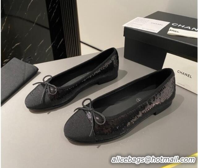 Luxury Chanel Sequins Classic Ballet Flat Balck 722117