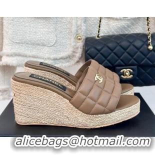 Pretty Style Chanel Quilted Lambskin Wedge Slides Sandal 8cm Khaki 722119